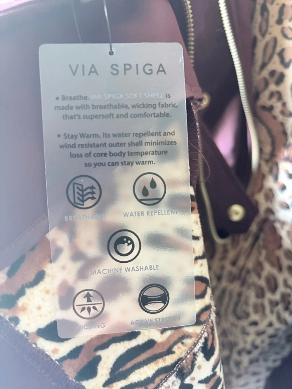 NWT Via Spiga Wine Hooded Softshell Rain Jacket Leopard Lining XL